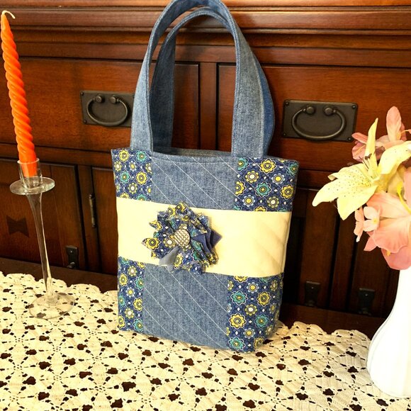 Handmade Denim and Cotton Quilted Purse with Zip Closure and Shabby Chic Flower - Picture 2 of 10
